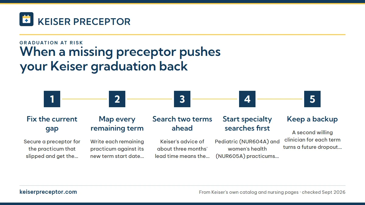 Numbered steps. Getting the rest of the program back on schedule: 1 Fix the current gap; 2 Map every remaining term; 3 Search two terms ahead; 4 Start specialty searches first; 5 Keep a backup.