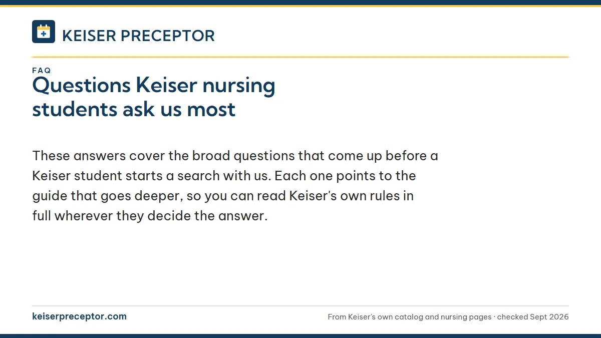 Questions Keiser nursing students ask us most. These answers cover the broad questions that come up before a Keiser student starts a search with us. Each one points to the guide that goes deeper, so you can 