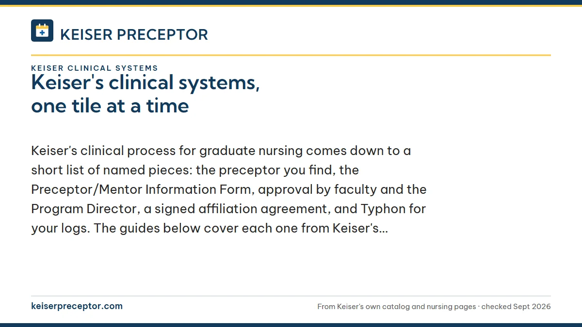Keiser's clinical systems, one tile at a time. Keiser's clinical process for graduate nursing comes down to a short list of named pieces: the preceptor you find, the Preceptor/Mentor Information Form, approv